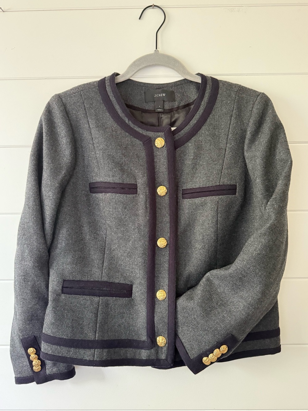 J.Crew | Gray Wool Contrast Trim Lady Jacket Blazer with Gold Buttons | Size 6